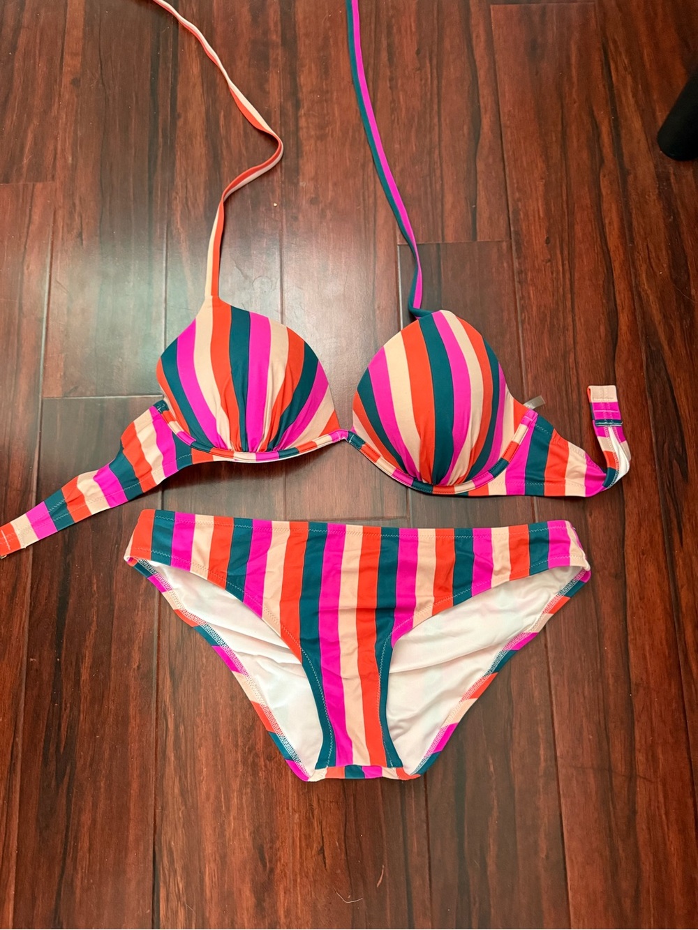 Shade & Shore Pastel Pink Bikini Bottom with Multicolor Stripe Trim